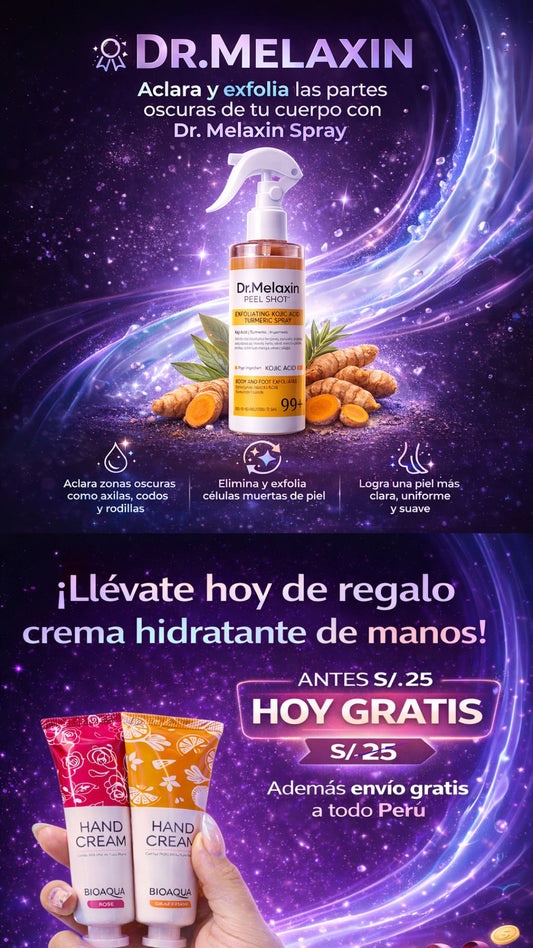 Dr. Melaxin Pell Shoot™ – Spray Exfoliante con Ácido Kójico y Cúrcuma para Piel, Áxilas, Codos y Rodillas, 100% Natural (250 ml)+ Crema Koreana de regalo